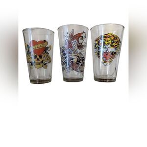 Ed Hardy Drinking Glasses Set Christian Audigier NYC Predators Skull Koi Tiger